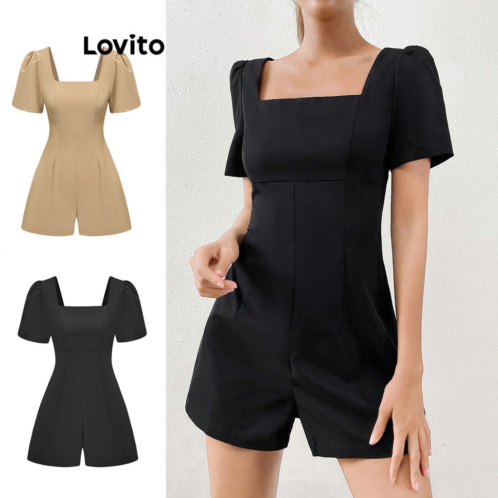 Lovito จั๊มสูทผู้หญิง คอเหลี่ยม สไตล์หรูหรา สีพื้น L68ED207 (หลากสี)