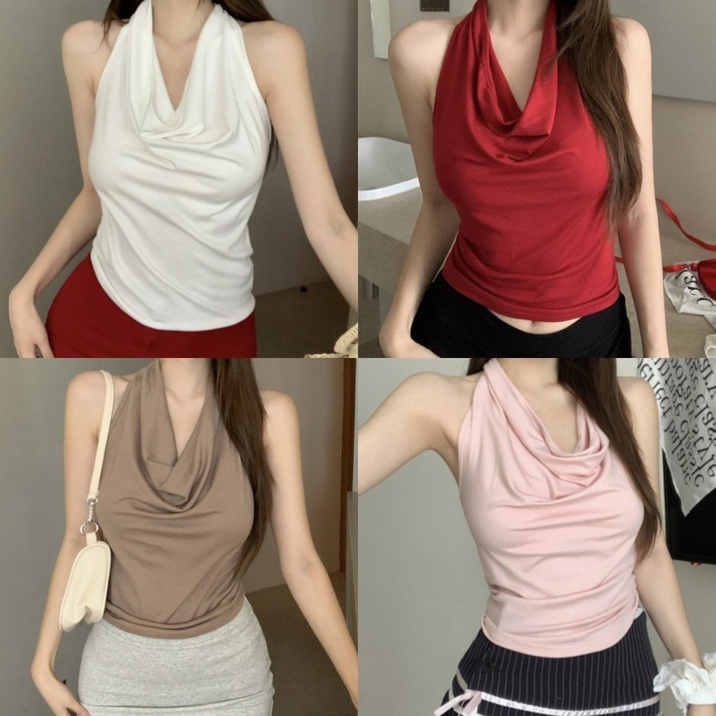 Bonnie เสื้อกล้าม คล้องคอ โชว์หลัง สีพื้น ผ้านุ่ม สายเดี่ยว แขนกุด เซ็กซี่ แฟชั่นฤดูร้อน สไตล์ใหม่#8K131