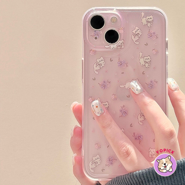 น่ารักดอกไม้สีชมพูแมวเคสโทรศัพท์สําหรับiphone 15Promax 11 12 13 Mini 14 15Plus 11 Pro Max X XS XR XS Max 7 8 Plus SE2020 6Plusฝาครอบโทรศัพท์ผู้หญิงซิลิโคนนุ่มกรณีTA