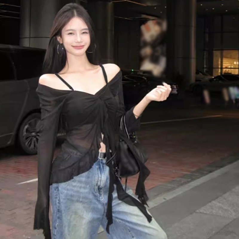 American ruffles คอวีบิดมัดย้อมตาข่ายเสื้อเชิ้ตแขนยาวไม่สม่ําเสมอ ผู้หญิงเซ็กซี่สลิมฟิตท็อปส์