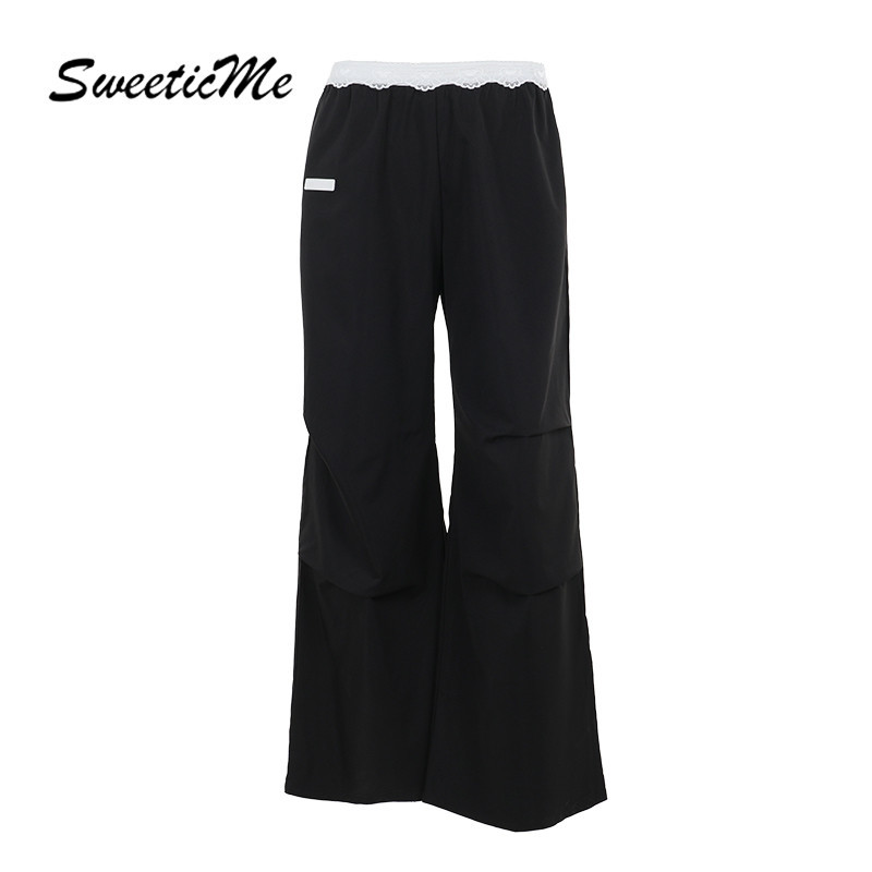 Sweeticme ผู้หญิง 2024 ใหม่แฟชั่นขอบลูกไม้หลวม Fit ต่ําเอว Causal กางเกงขากว้าง