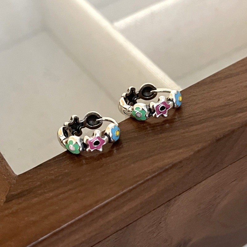New European and American 925 Silver Needle Small Flower Earrings for Girls, Fashion Drip Oil Enamel Colorful Sweet Flower Earrings, Female Earrings