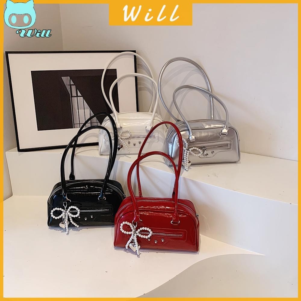 Will~ผู้หญิง PU ไหล่ Chic Hobo สีทึบพร้อมจี้โบว์กระเป๋าปาร์ตี้เพรียวบาง