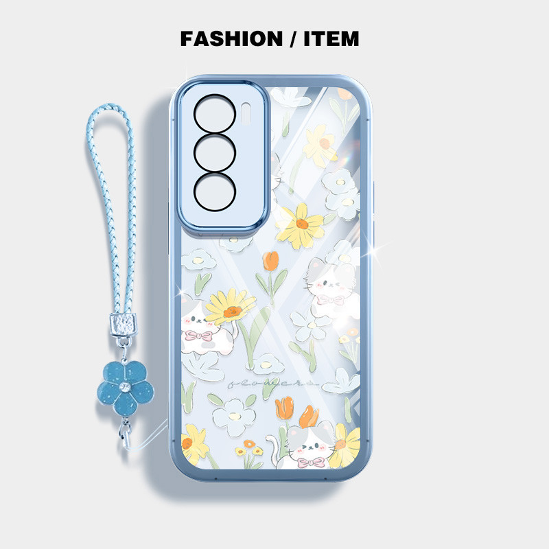 น่ารักดอกไม้และแมวกันกระแทกเคสโทรศัพท์สําหรับoppo Reno 12 5G Reno 12 F Reno12 Pro 5G 12Fปลอกโปร่งใสฝาครอบป้องกันด้วยเชือกแขวนดอกไม้