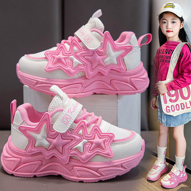 สาวรองเท้ากีฬาแฟชั่นคลาสสิกเด็กรองเท้าผ้าใบลําลองเด็กรองเท้าวิ่งอากาศตาข่ายกับดาวระบายอากาศ2024ฤดูใบไม้ผลิฤดูร้อน