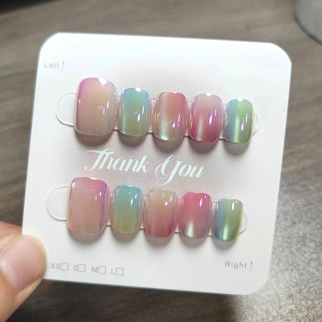 10pcs Cat Eye Handmade กดบนเล็บเล็บปลอมพร้อมสติกเกอร์กาว M007
