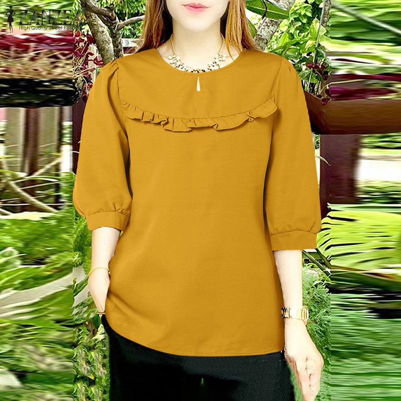 Zanzea ผู้หญิงเกาหลี Daily3/4 แขนเสื้อคอกลมสีทึบ Ruffle ตกแต่งเสื้อ — صورة 5