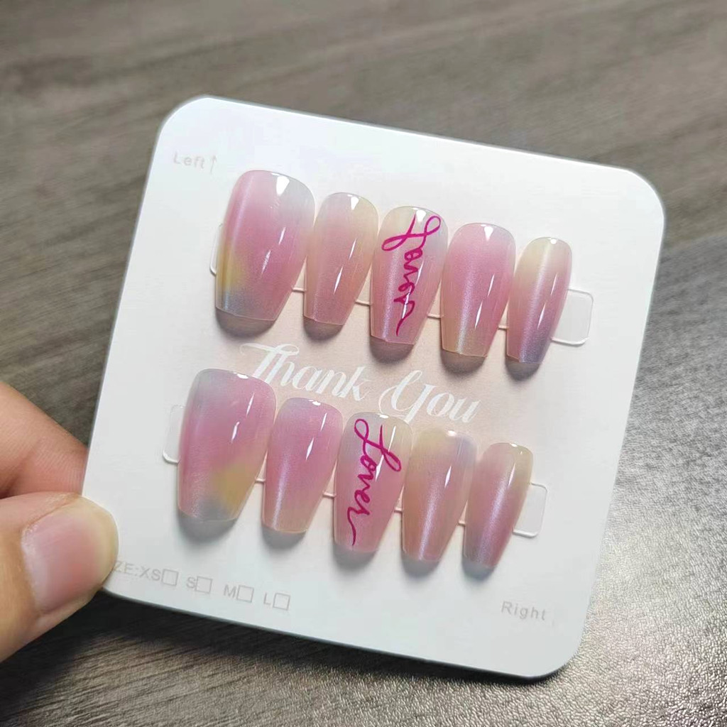 10pcs Cat Eye Handmade กดบนเล็บเล็บปลอมพร้อมสติกเกอร์กาว M038