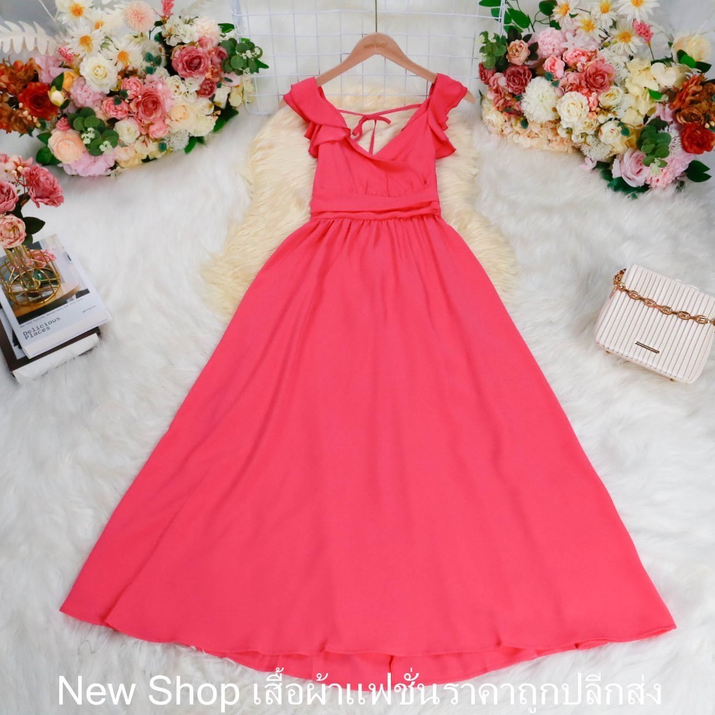 ชุดเดรสยาว ออกงาน สีช็อกกี้พิงค์ แขนกุดแต่งระบาย   ผ้าโพลีเอสเตอร์ ความยาวชุด=49 Newshop เสื้อผ้าแฟช
