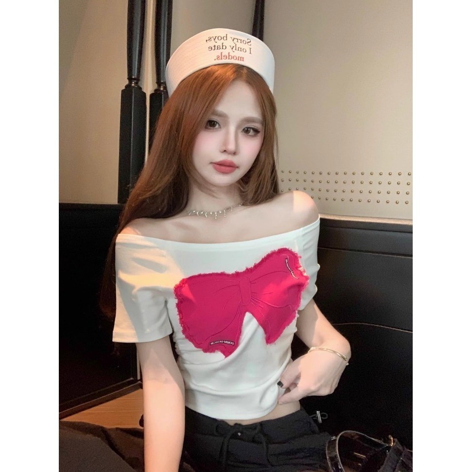 2024Summer New Pure Bow Short SleeveTT-shirt Women's Popular Hot Girl's Shirt Sexy off-the-Shoulder Top Women's