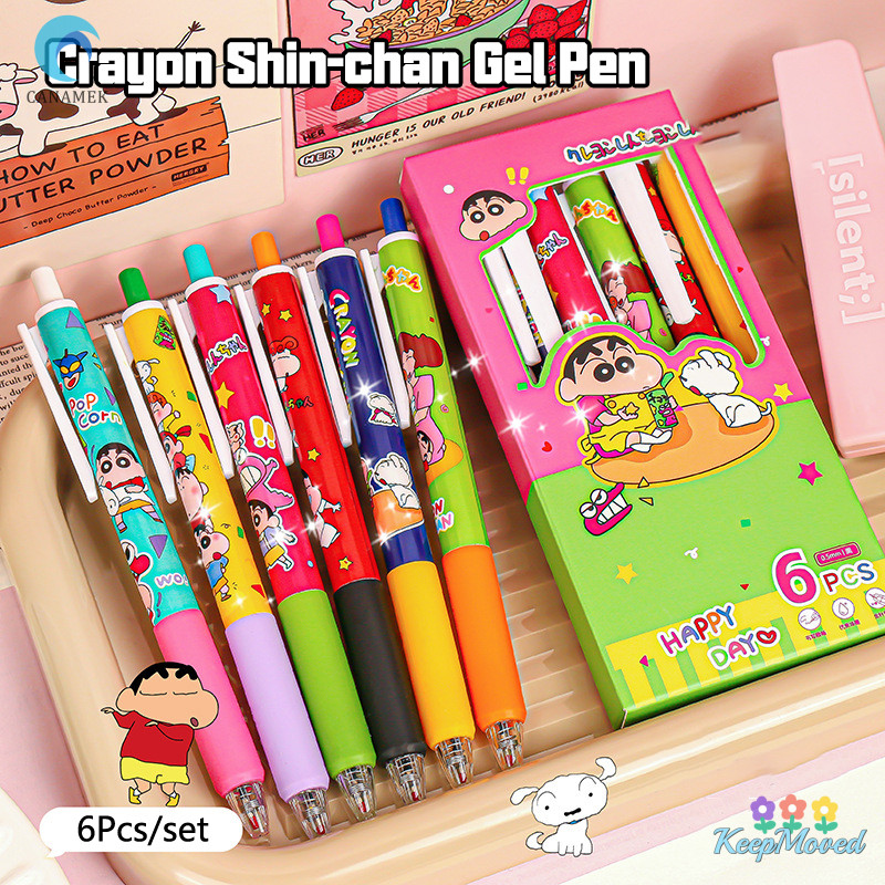 Keepmoving 6 ชิ้น Kawaii Crayon Shin-Chan ปากกาเจลชุดน่ารักการ์ตูน 0. 5 มม.กดปากกาเป็นกลางเครื่องเขียนนักเรียนอุปกรณ์การเรียนของขวัญใหม่