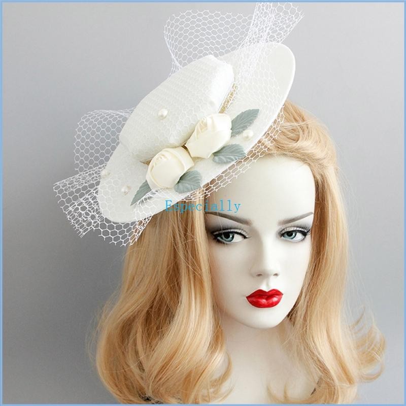 Esp หมวกจัดเลี้ยง Fascinators หมวกพร้อมกิ๊บติดผมตาข่ายมุก Tophat สําหรับงานแต่งงาน
