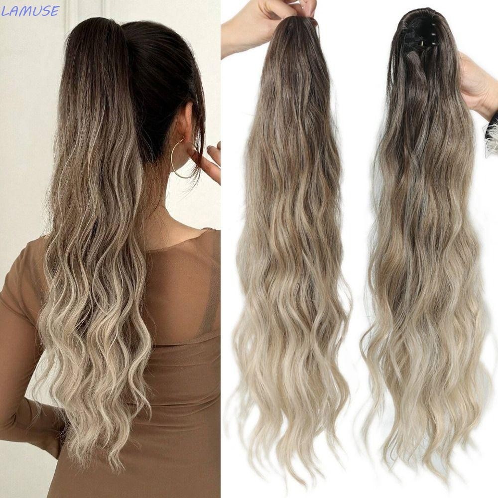 ลามูซ แฮร์พีซหางม้าปลอม ยาวหยิกหยัก สีน้ําตาล/บลอนด์ พร้อมคลิปต่อเล็บสังเคราะห์ สําหรับผู้หญิง