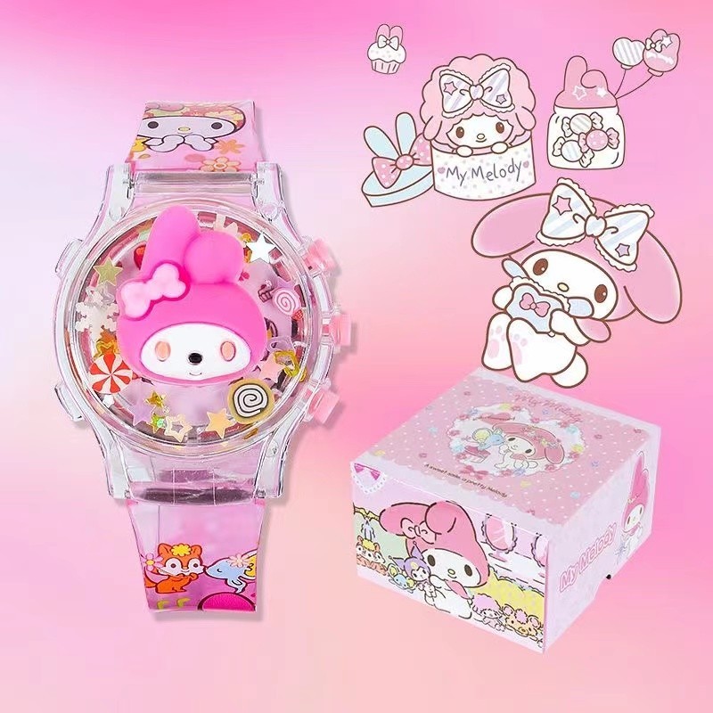 SANRIO นาฬิกา ซานริโอ คุโรมิ พร้อมกล่องของขวัญสําหรับเด็กผู้หญิงหมุนเรืองแสงเพลงนาฬิกาที่มีสีสันกระพริบเด็ก นํา นาฬิกาสําหรับของขวัญนักเรี
