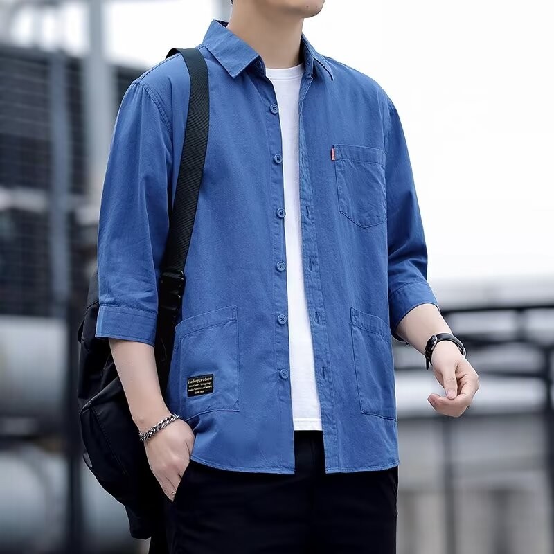 Pure Cotton Workwear ฤดูใบไม้ผลิฤดูใบไม้ร่วงฤดูร้อนหลวมผ้าฝ้าย Casual Cropped เสื้อผู้ชาย