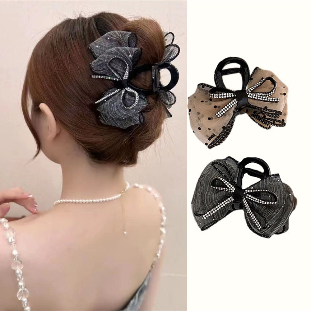 Rhinestone Polka Dot Bow Clip Womens Summer New Bubble Shark Clip กิ๊บติดผมหัวหลัง
