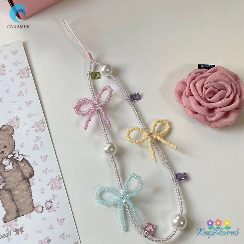 Keepmoving น่ารัก Bowknot Pearl Beaded โทรศัพท์มือถือ Charm โทรศัพท์มือถือหวานสายรัดข้อมือสั้นโทรศัพท์มือถือสากล Anti Loss Lanyard ใหม่