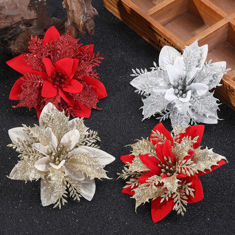 14 ซม.Glitter ดอกไม้ประดิษฐ์เครื่องประดับต้นคริสต์มาส Merry Christmas ตกแต่งปีใหม่