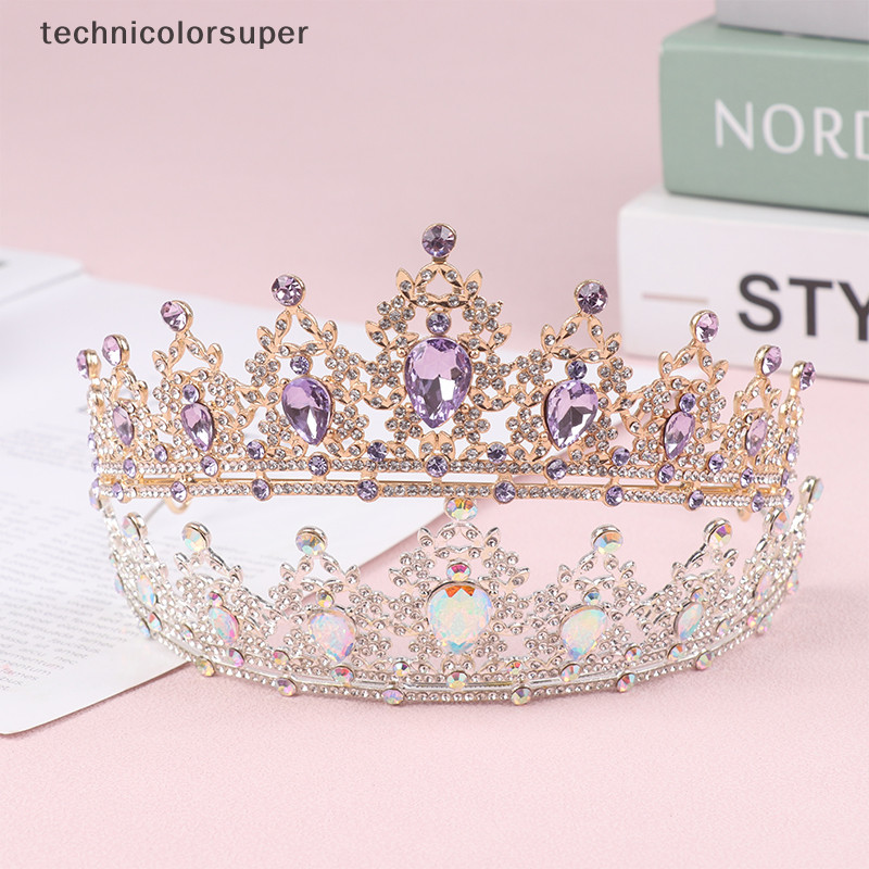 Technicolorsuper 2024 ใหม่คริสตัลสีม่วงมงกุฎเจ้าสาวRoyal Queen Tiaraประกวดพรหมเจ้าสาวDeadmเจ้าหญิงมงกุฎแต่งงานอุปกรณ์ผมTSR