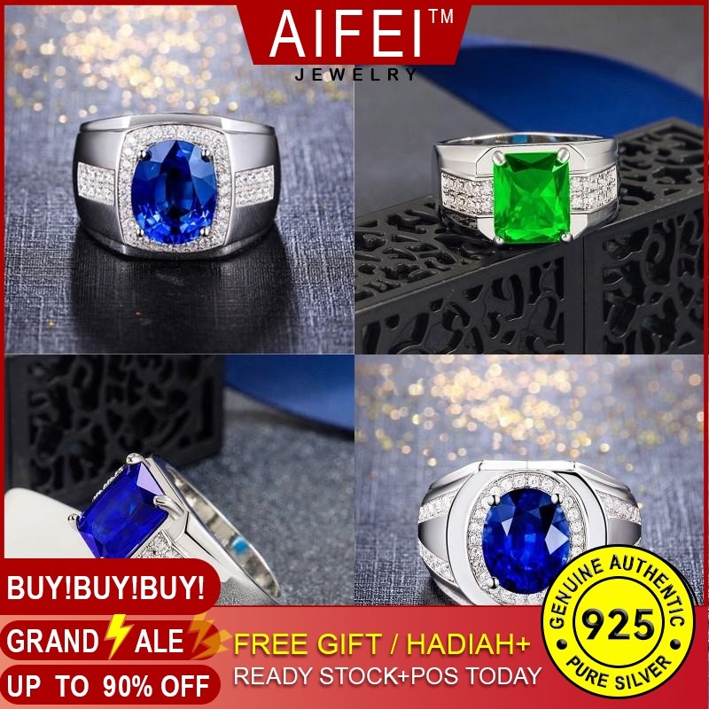 AIFEI JEWELRY แท้ ผู้ชาย แฟชั่น เงิน แหวน ไพลินมรกต 925 ต้นฉบับ เรียบง่าย เครื่องประดับ Silver เครื่องประดับ เกาหลี M083