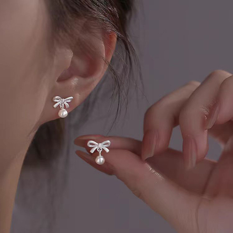 ส925 เงินต่างหูมุกโบว์ต่างหูแฟชั่นที่เรียบง่ายผู้หญิงเครื่องประดับของขวัญ