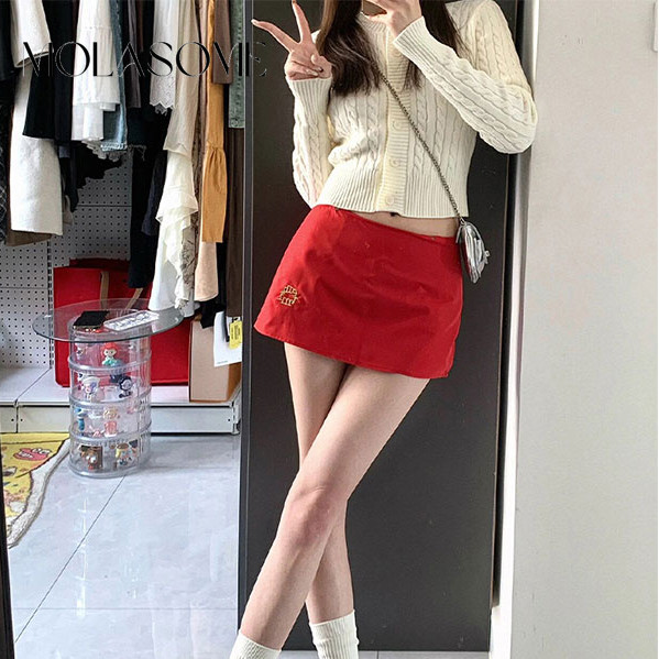 โมลาโซเมะ ผู้หญิง2024แฟชั่นใหม่สีทึบเอวสูงสลิมฟิตสีกระโปรงมินิสีแดง