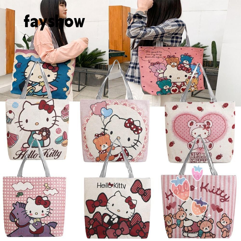 Fay กระเป๋าสะพายไหล่, กระเป๋ากระเป๋าผ้าใบลายการ์ตูน, กระเป๋าช้อปปิ้งแบบพกพา Beach KT Tote Bag Women Lady Girl