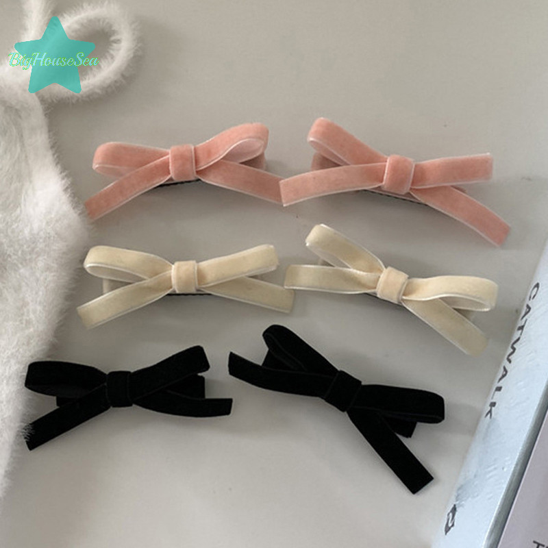 [BigHouseSea] 2 ชิ้นสไตล์เกาหลีสีทึบวินเทจกํามะหยี่โบว์กิ๊บน่ารักกิ๊บด้านข้างคลิปสาวหวานเย็น Barrettes อุปกรณ์เสริมผมใหม่