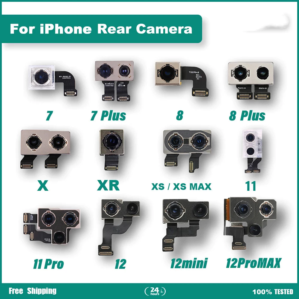 กล้องด้านหลังสําหรับ iPhone 7 7Plus 8 8Plus ด้านหลังเลนส์หลัก Flex Cable กล้องสําหรับ iPhone X XR XSMAX 11 11PRO 12 กล้อง