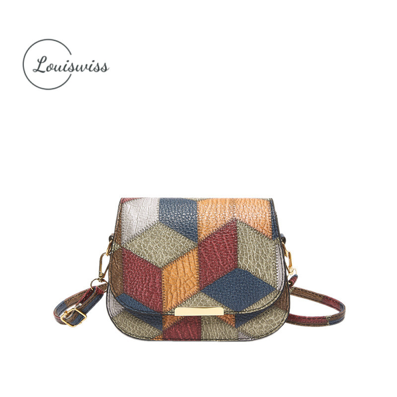 Louiswiss แฟชั่นผู้หญิง Splicing Contrast Design ความจุกระเป๋าหนัง PU Retro พิมพ์กระเป๋า Messenger สําหรับแม่