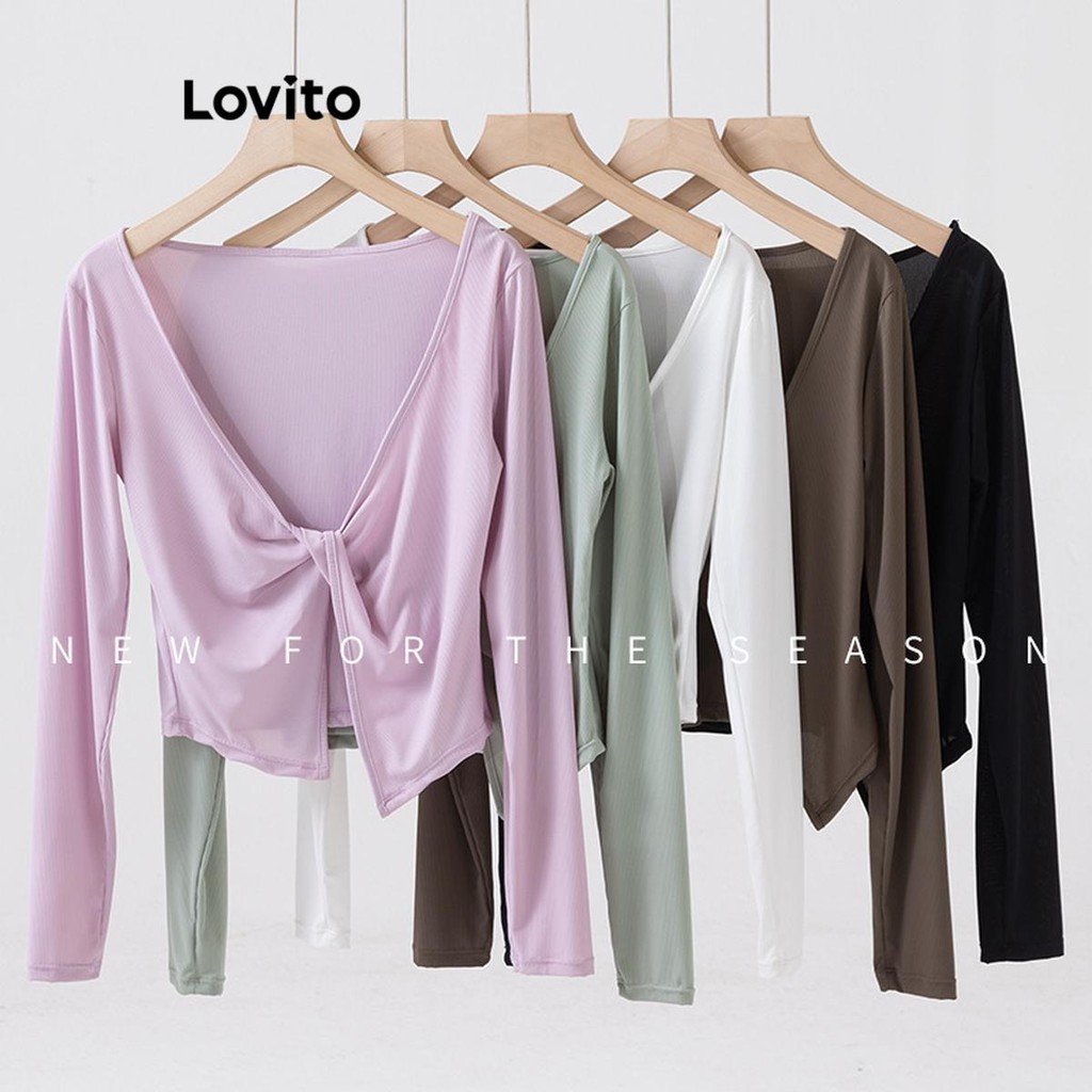 Lovito เสื้อยืดผู้หญิง แต่งปม สีพื้น สไตล์สปอร์ต LNL167