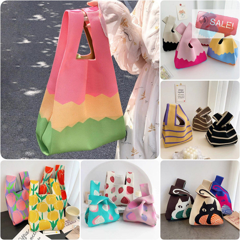 At แฟชั่น Handmade ถักกระเป๋าถือผู้หญิง Mini Knot สายรัดข้อมือเกาหลี Casual Tote กระเป๋านํากลับมาใช้ใหม่ถุงช้อปปิ้ง A