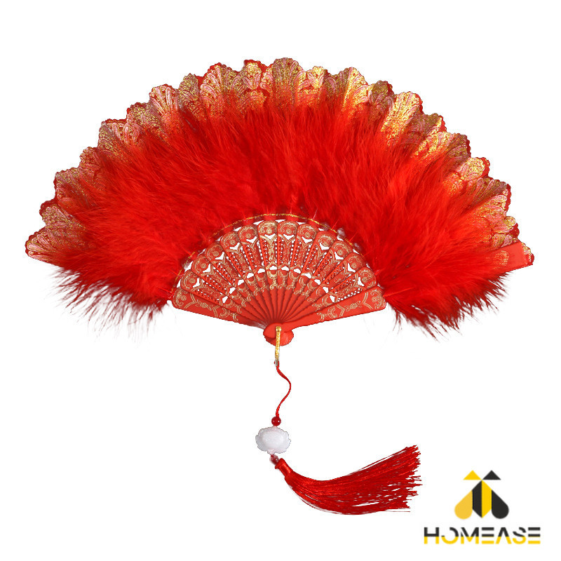 HA พัดจีนขนนกแต่งการเพนท์ลายไทยสีทอง พัดเต้นรํา สไตล์โลลิต้า พัดจีนขนนก มี 4 สี Feather Fan