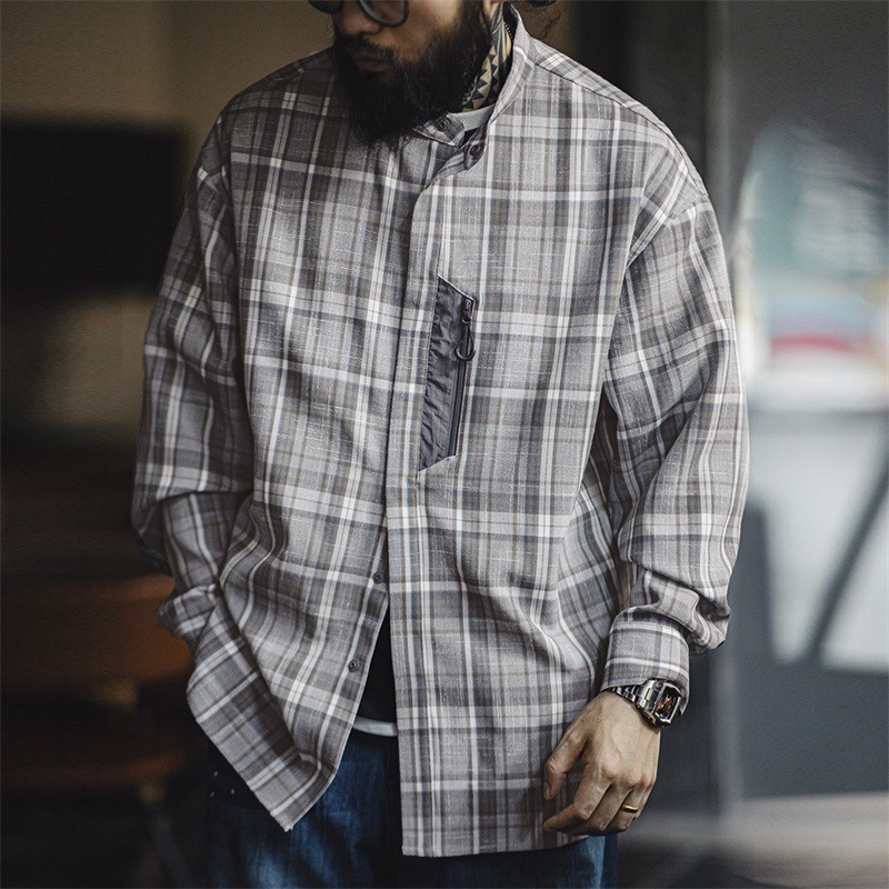 เครื่องมือสมัยใหม่ American Retro เส้นด้ายย้อม Stand-Up Collar Checked เสื้อ cleanfit ผสมเสื้อเชิ้ตแขนยาวลําลองผู้ชายฤดูใบไม้ร่วง
