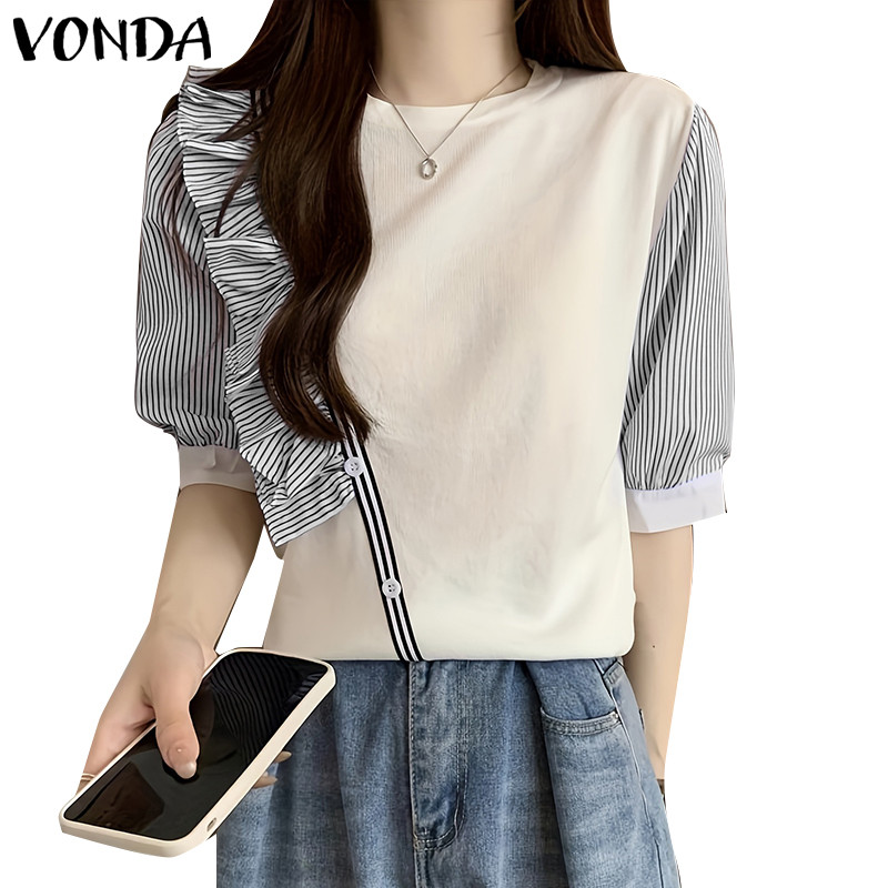 Vonda เสื้อเบลาส์แขนสั้นลายทางคอกลมลําลองเกาหลีสําหรับผู้หญิง
