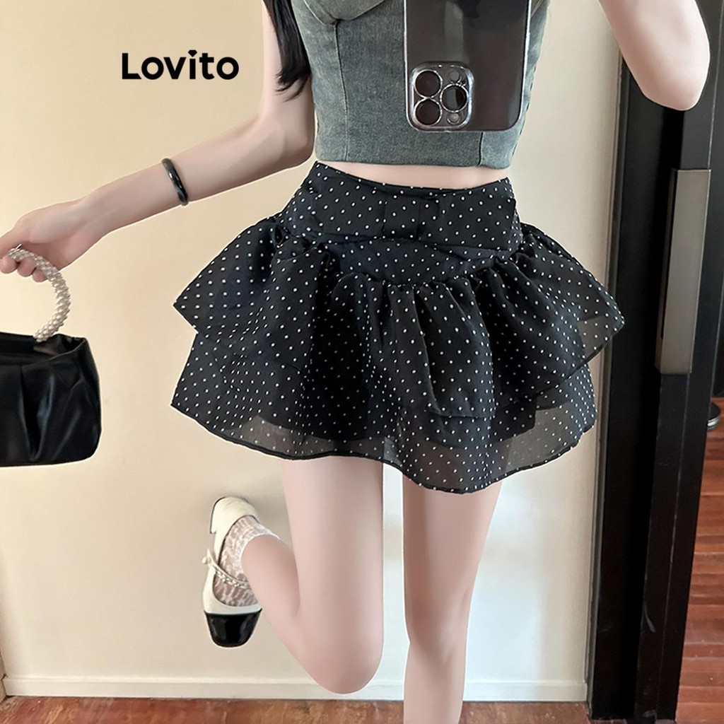 Lovito กระโปรงผู้หญิง ลายจุด แต่งโบว์ สไตล์ลำลอง LNA68248