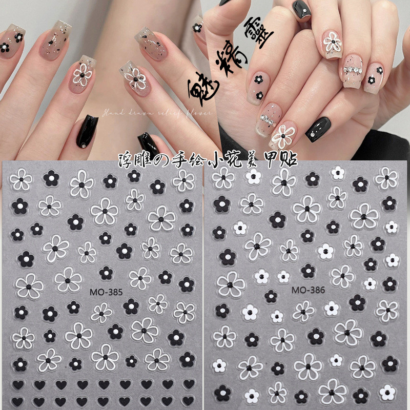 สติ๊กเกอร์ติดเล็บลายดอกไม้เล็กๆ สีดำและสีขาว ลายดอกไม้น่ารัก สวมใส่ได้