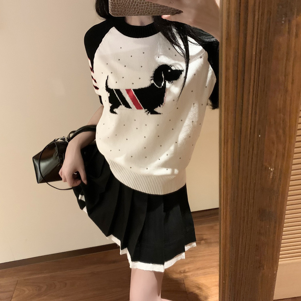 T TB Hot Diamond Contrast Color Jacquard Puppy Ice Silk Knit เสื้อยืดแขนสั้นสไตล์เกาหลี Raglan Sleeve Casual Age-Reduction All-