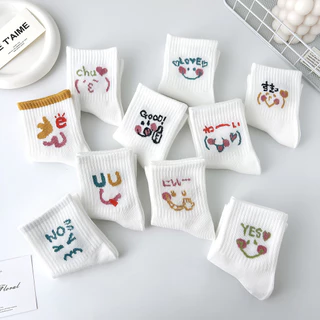 พร้อมส่ง : ถุงเท้า ข้อยาว 5 คู่ ขาวล้วน แต่งอิโมจิ ญี่ปุ่น เก๋ๆ ใส่ได้ทุกวัน แฟชั่น น่ารัก ผ้านุ่ม