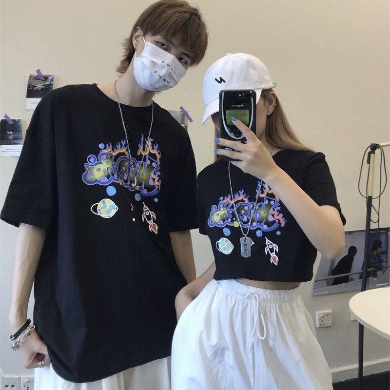 เสื้อคู่ เสื้อครอปแขนสั้น ใส่คู่กัน เสือยืดโอเวอร์ไซส์ 995-996