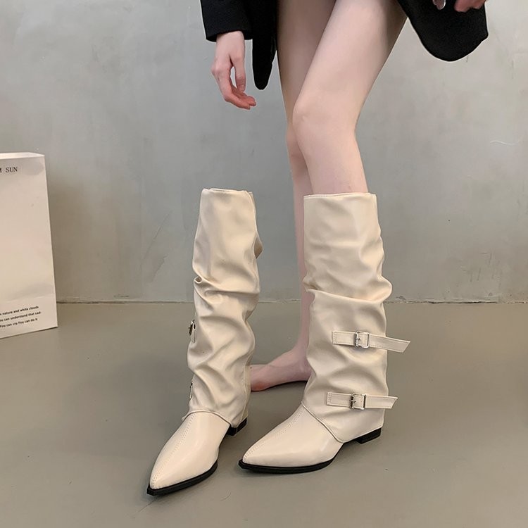 รองเท้าบูทสูงสำหรับผู้หญิงหัวแหลมส้นกลาง (3-5ซม.) แต่รองเท้าเข่ายาง