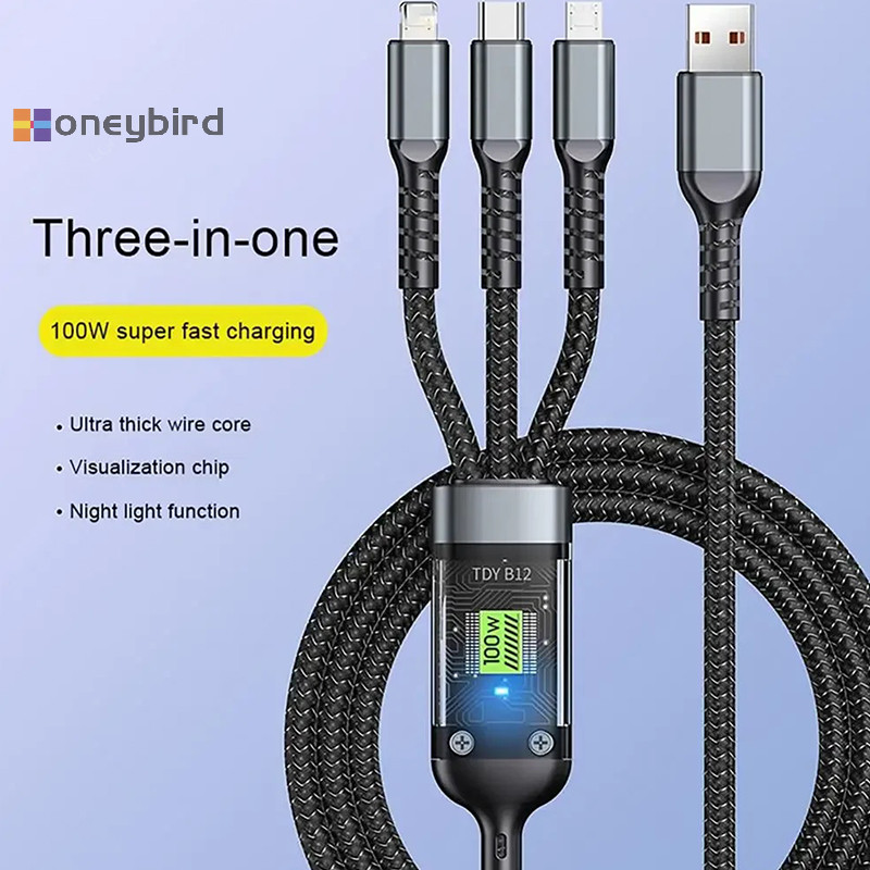 Honeybird 100W Fast สายชาร์จ Multi Charger สายไนลอนถักหลาย USB Universal 3 In 1 สายชาร์จอะแดปเตอร์ Type-C Micro Nice