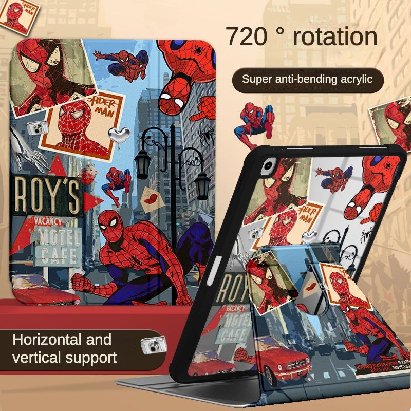 360 ° เคส iPad หมุนได้พร้อมช่องเสียบปากกาการ์ตูนสร้างสรรค์ Spider Man อะคริลิค Backboard Pro11 2020 Gen10 Gen9 Gen8 Gen7 Gen6 Gen5 Air6 Air5 Air4 ฝาครอบ iPad หมุนได้