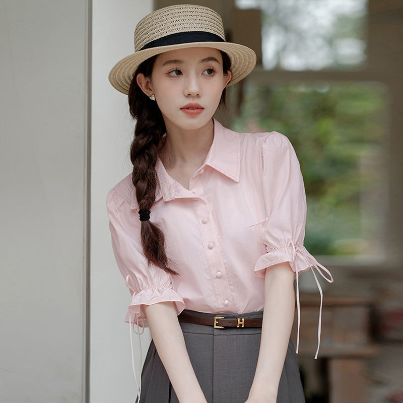 แฟชั่นผู้หญิงสไตล์ใหม่สีชมพูเสื้อแขนสั้นพัฟแขนด้านบนเสื้อหวานสุภาพสตรีเสื้อผ้าชั้นนํา