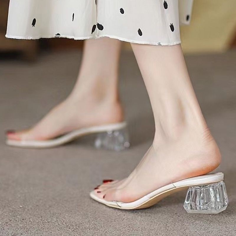 รองเท้าแตะ PVC Low Heel สำหรับผู้หญิง  รองเท้าแตะหนังแกะคริสตัล รองเท้าสตรีสบาย