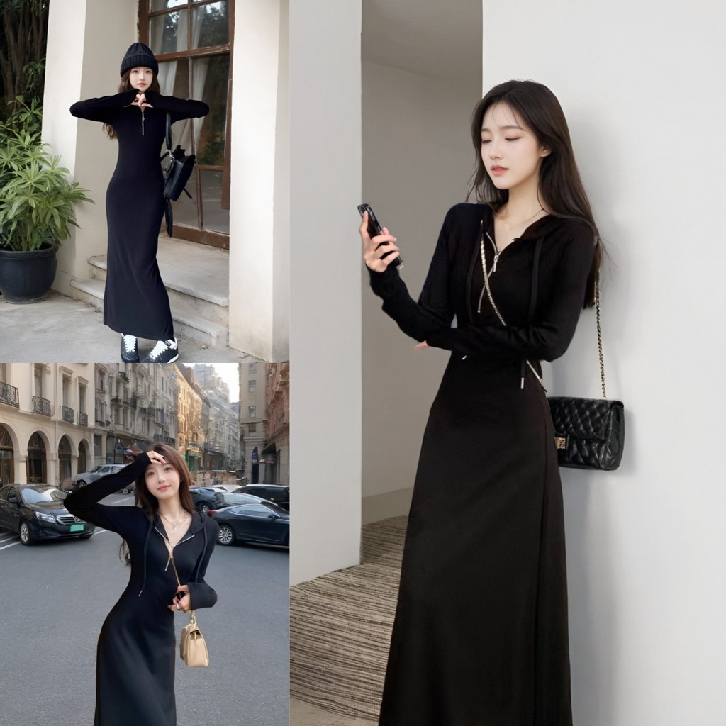 ใหม่! เดรสยาวแขนยาวสีดำ ดีไซน์สวยหรู เพิ่มความทันสมัยและความงามให้กับผู้หญิงที่ชื่นชอบแฟชั่น