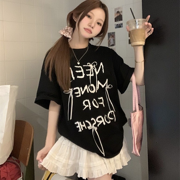 Luna Shop 🍒 เสื้อยืดทรงหลวม 🎇🎇 เสื้อแขนสั้นผูกโบว์อเนกประสงค์สไตล์เกาหลีลำลองและอ่อนโยนในสไตล์ขี้เกียจ - รูปที่ 4