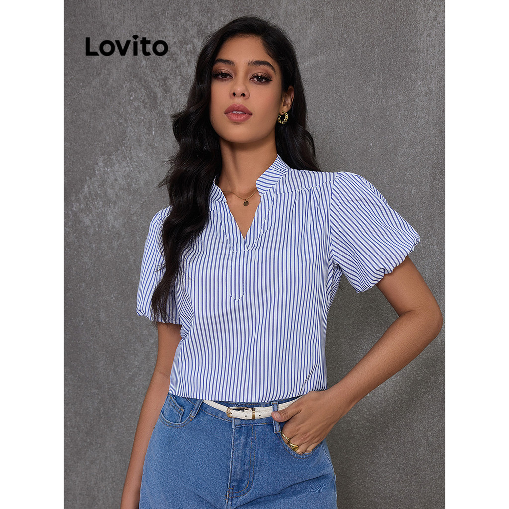 Lovito ผ้าลายทางหรูหราเย็บพัฟแขนสำหรับผู้หญิง LBL16225