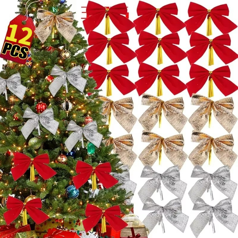 ผลิตภัณฑ์ตกแต่งคริสต์มาส-เครื่องประดับคริสต์มาสสําหรับต้นคริสต์มาส-12ชิ้นคริสต์มาสโบว์กํามะหยี่สีแดงโบว์-ต้นคริสต์มาสตกแต่งจี้-คริสต์มาสตกแต่งแขวนเครื่องปร