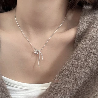 Silver Bowknot Pendanr Necklace Clavicle Choker Chain Gift วันวาเลนไทน์